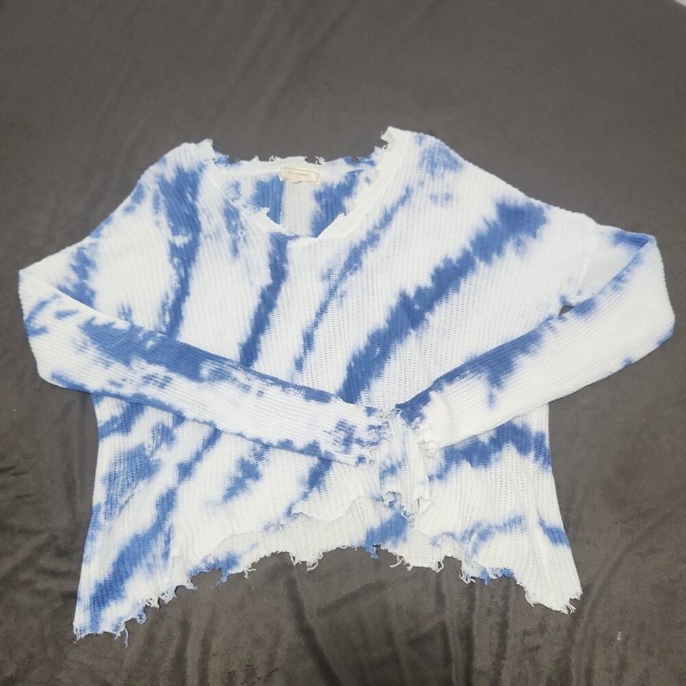 Loose fit cropped blue and white knit sweater no comment womens Medium M
